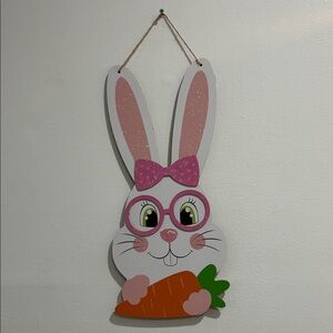 NWT- Cute Easter Bunny with Pink Glasses, Bow & Carrot Hanging Decoration Sign